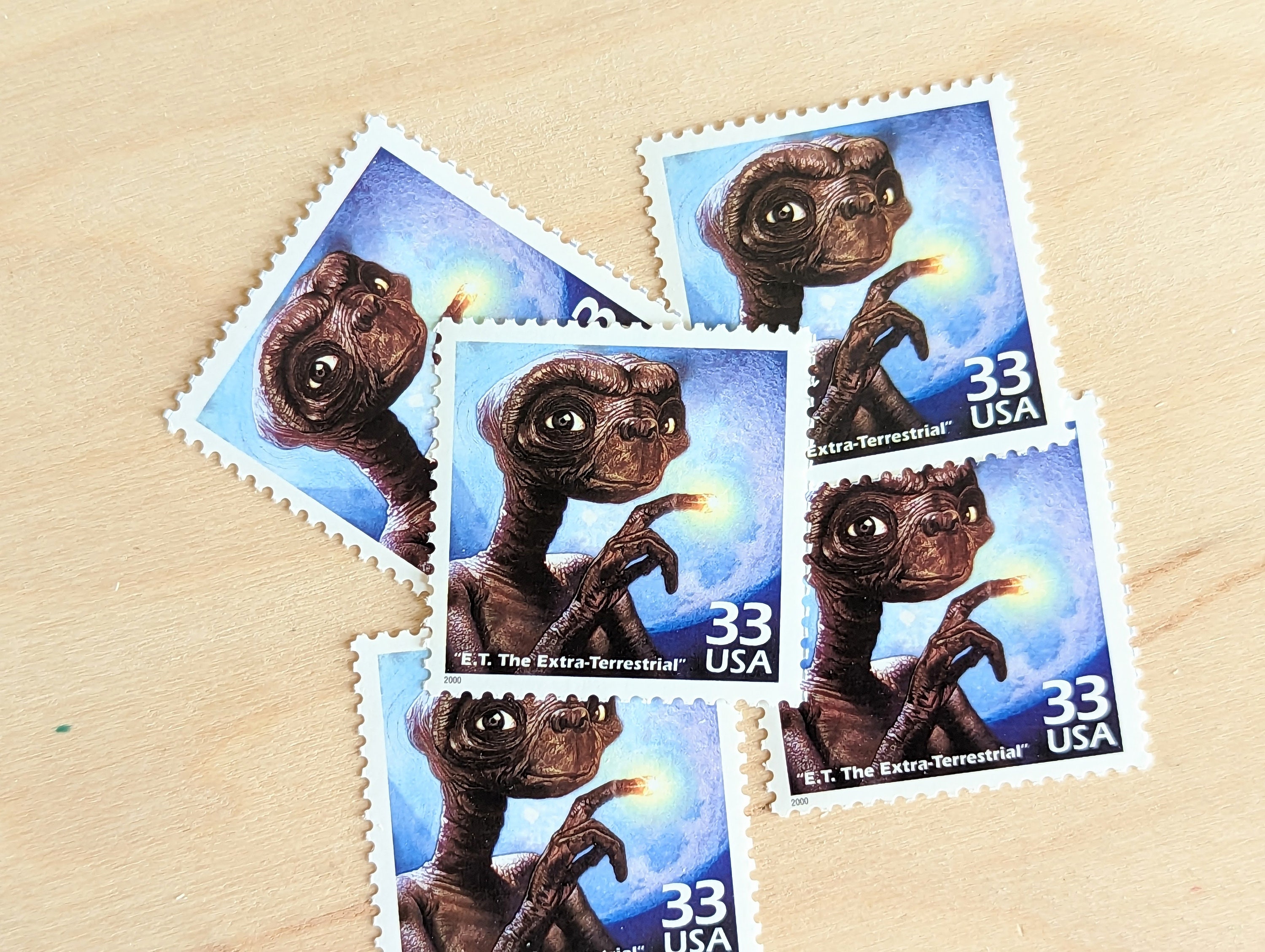 E.T.切手5枚、ヴィンテージ未使用USPS 33セント切手、1980年代の