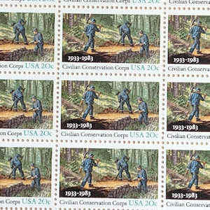 Feuille de 50 timbres du Civilan Conservation Corps, 1933-1983, 20 cents, 50 timbres inutilisés, 1983, timbres de collection vintage
