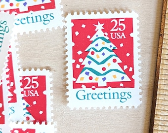 10 Christmas Tree Season's Greetings Stamps, Vintage Unused USPS 25 Cent Postage Stamps, 1990, Gummed