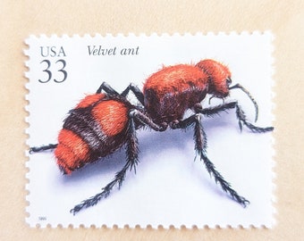 5 Velvet Ant Stamps, Vintage Unused USPS 33 Cent Stamps, Insects and Spiders, 1999, Gummed