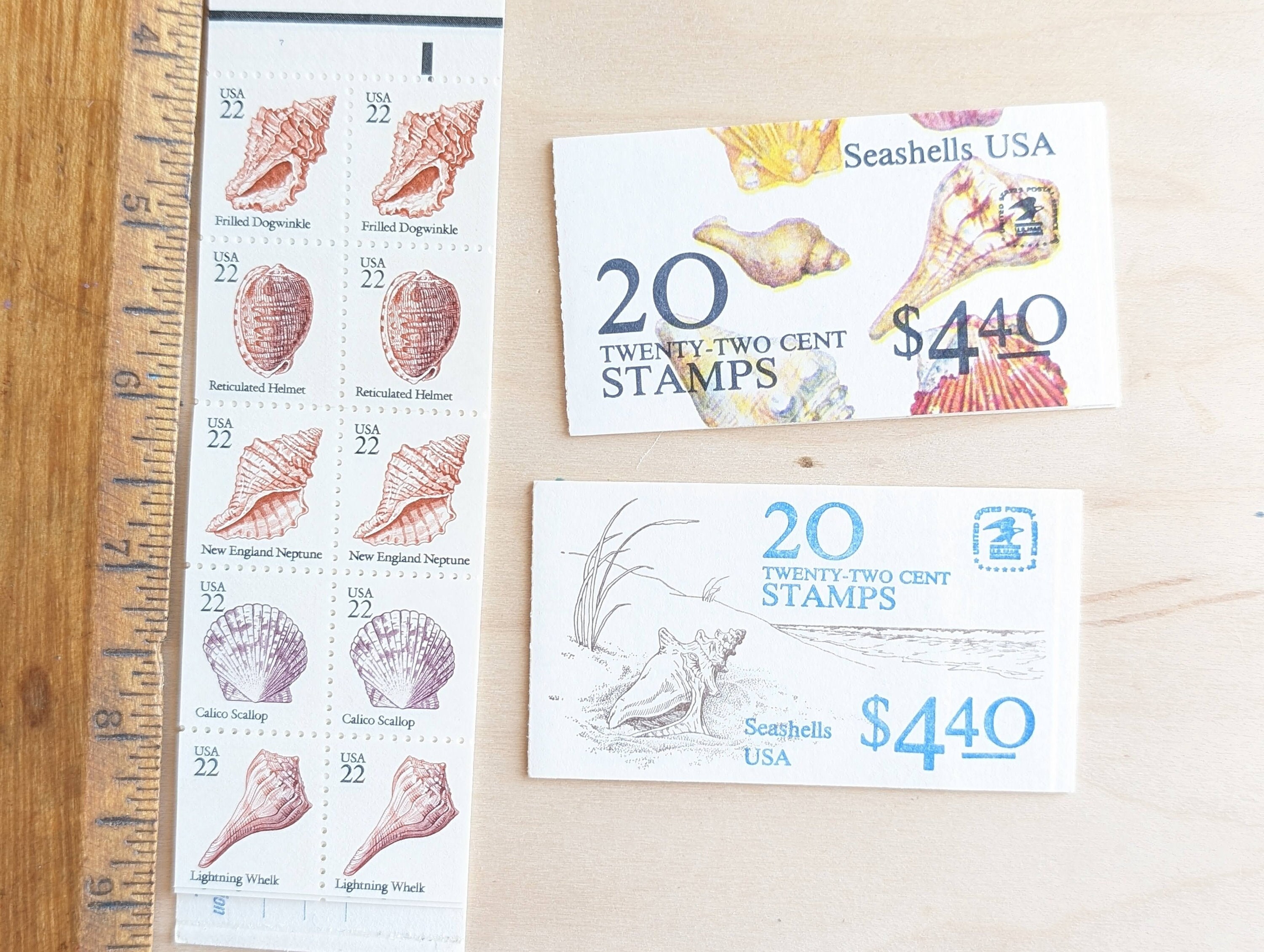 20枚の貝殻切手が入った冊子、ヴィンテージの未使用USPS 22セント切手