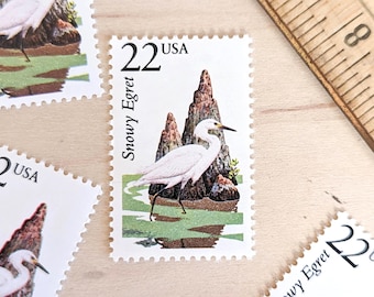 5 Snowy Egret Stamps, Vintage Unused USPS 22 Cent Postage Stamps, North American Wildlife, 1987 Gummed Stamps