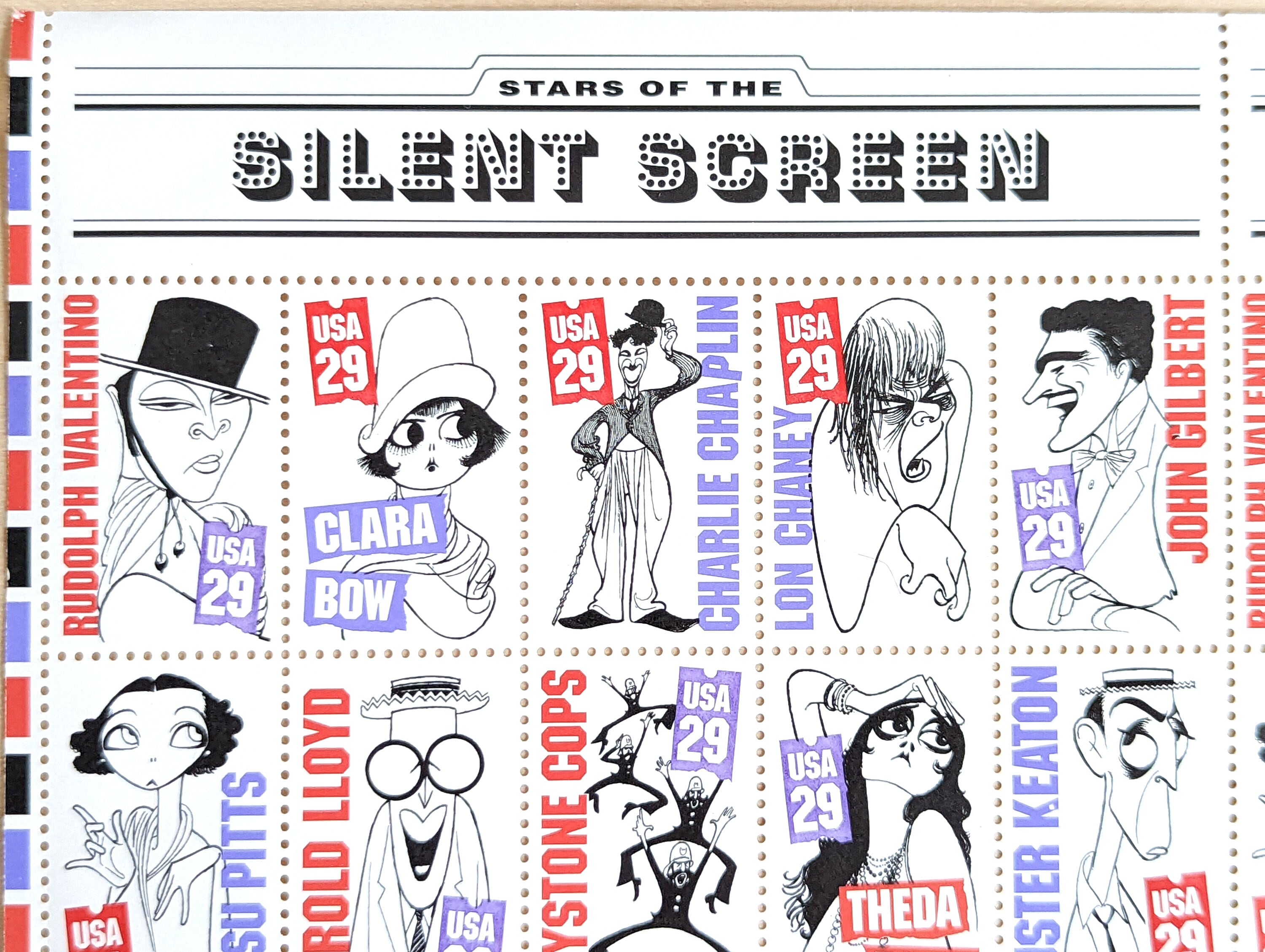 Stars of the Silent Screen Stamp Sheet, 1993 Unused 29 Cent US