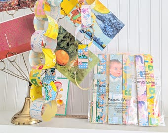 Double Sided Baby Paper Chain Kit, Vintage Wrapping Paper, 31 Chains & Number Stickers, 1.5 or 1 Inch