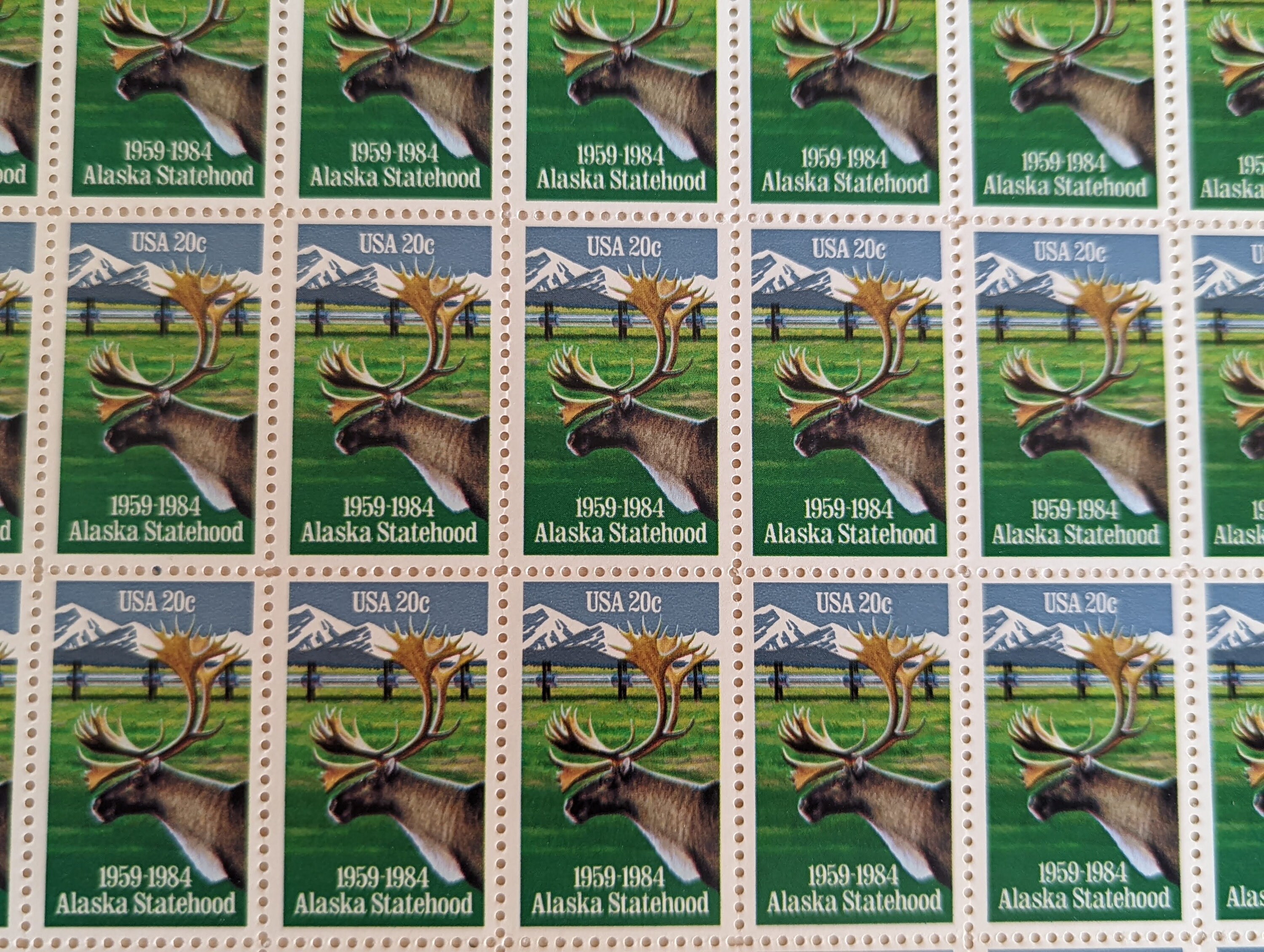 Sheet of 50 Alaska Postage Stamps, 20 Cent Stamps, 1984, Alaska ...