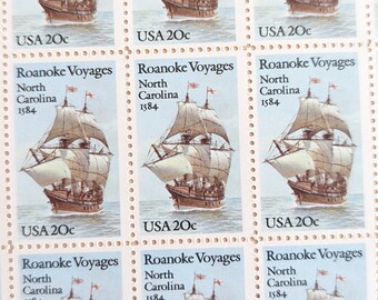 Bogen mit 50 Roanoke Voyages Briefmarken, 1984 Unbenutzte Briefmarken, 20 Cent Briefmarken, North Carolina