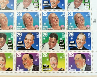 Sheet of Twenty Popular Singers 29 Cent Stamps, 1993, Ethel Merman, Nat 'King' Cole, Ethel Waters, Bing Crosby and Al Jolson