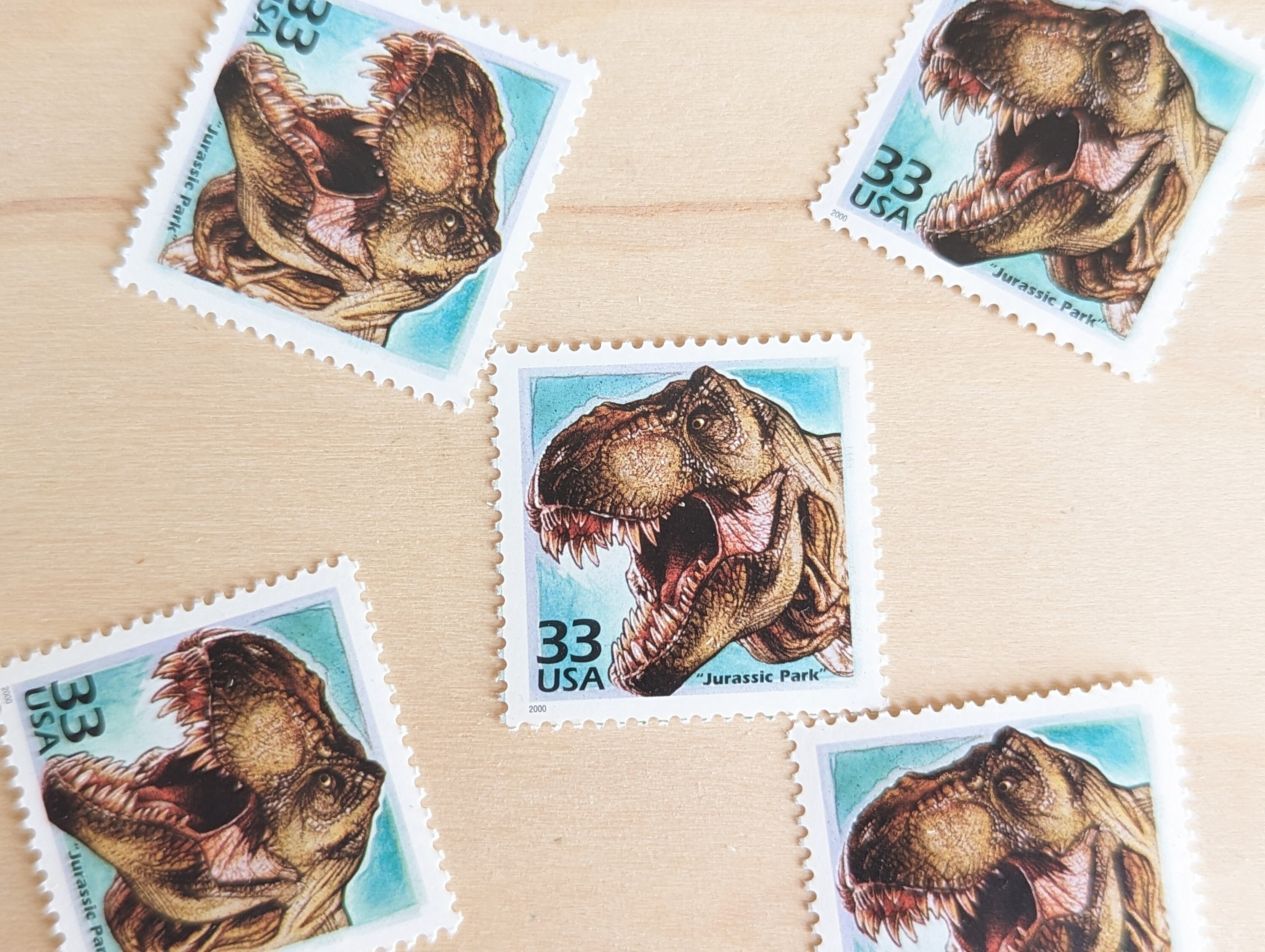 ジュラシックパーク切手5枚、ヴィンテージ未使用USPS 33セント切手