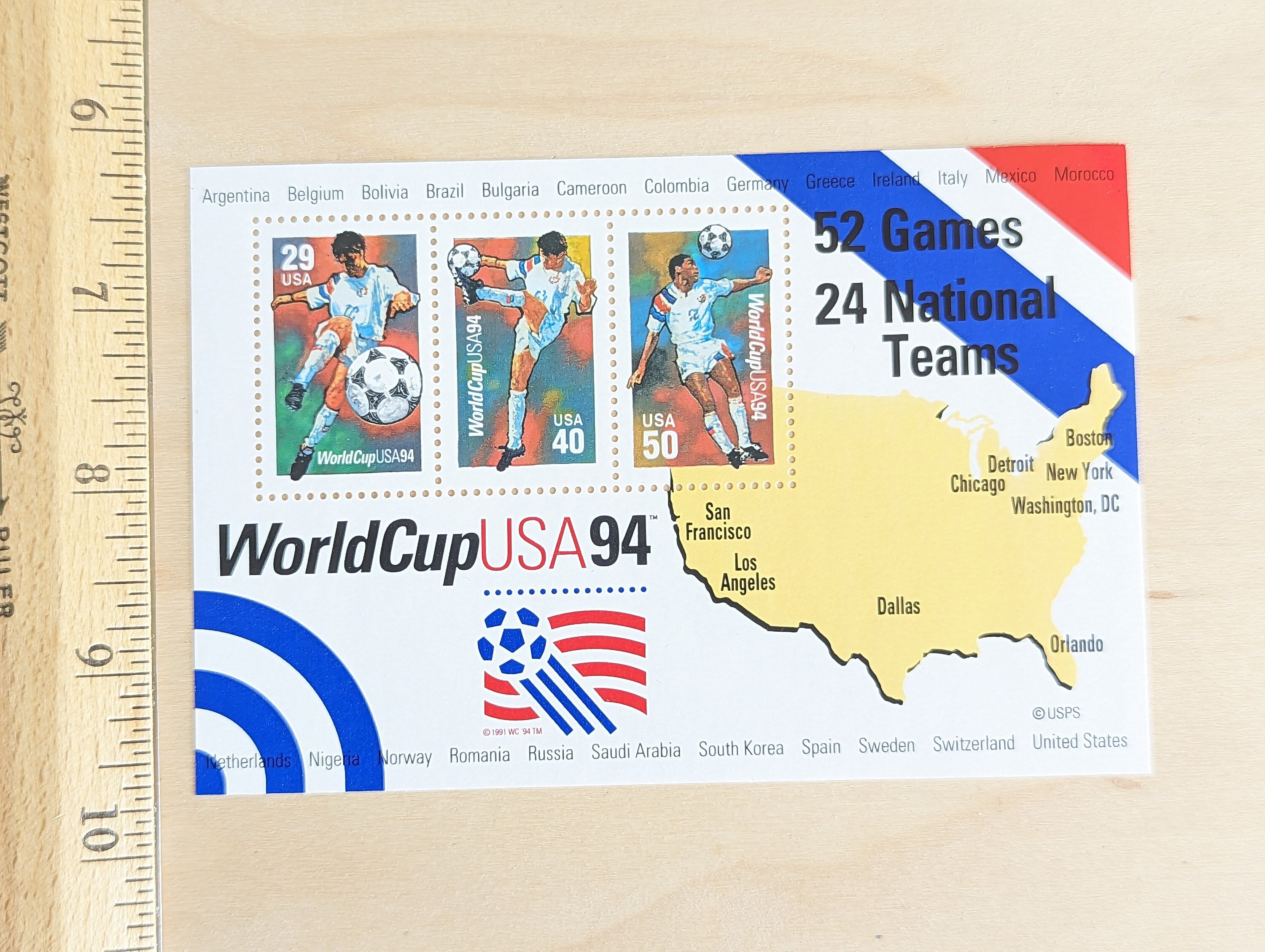 1994 World Cup Stamps, US Postage Stamps, Souvenir Sheet, Vintage
