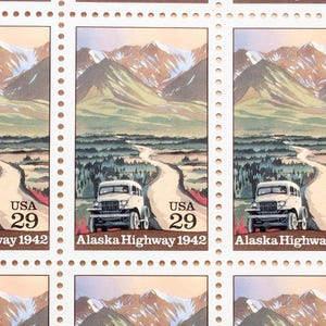 50 sellos de la Carretera de Alaska, sellos postales antiguos sin usar de USPS de 29 centavos, 50.º aniversario de la Carretera de Alaska de 1992, engomados