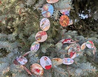 Christmas Circle Garland Made from Vintage Holiday Greeting Cards, About 80 Inches Long, 31 Circles, 2.5 Inch Diameter Circles