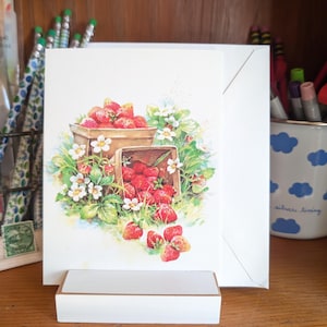 Envoyez une carte de voeux vintage, peinture de panier de fraises, 4 options d'envoi, 5,5 x 4,25 pouces