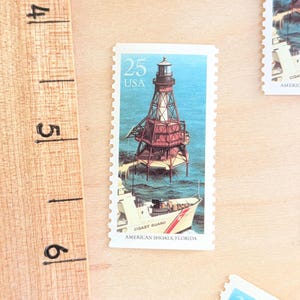 Set of 5, Florida Lighthouse, American Shoals, Vintage Unused USPS 25 Cent Postage Stamps, 1990 Lighthouses Series, Gummed