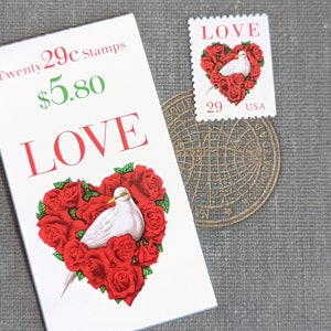 Booklet of Twenty 29 Cent Dove Red Rose Love Stamps, 20 Unused Stamps, 1991, Vintage Collectible Stamps