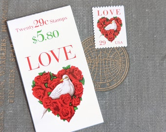 Booklet of Twenty 29 Cent Dove Red Rose Love Stamps, 20 Unused Stamps, 1991, Vintage Collectible Stamps