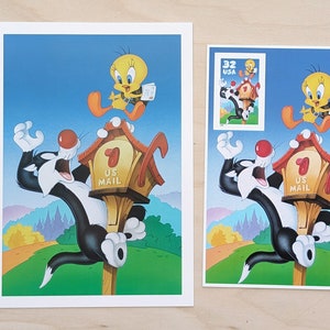 Cartão postal de Sylvester e Tweety, Looney Tunes 1998, cartão postal de 20 centavos e folha de lembrança com selo de 32 centavos