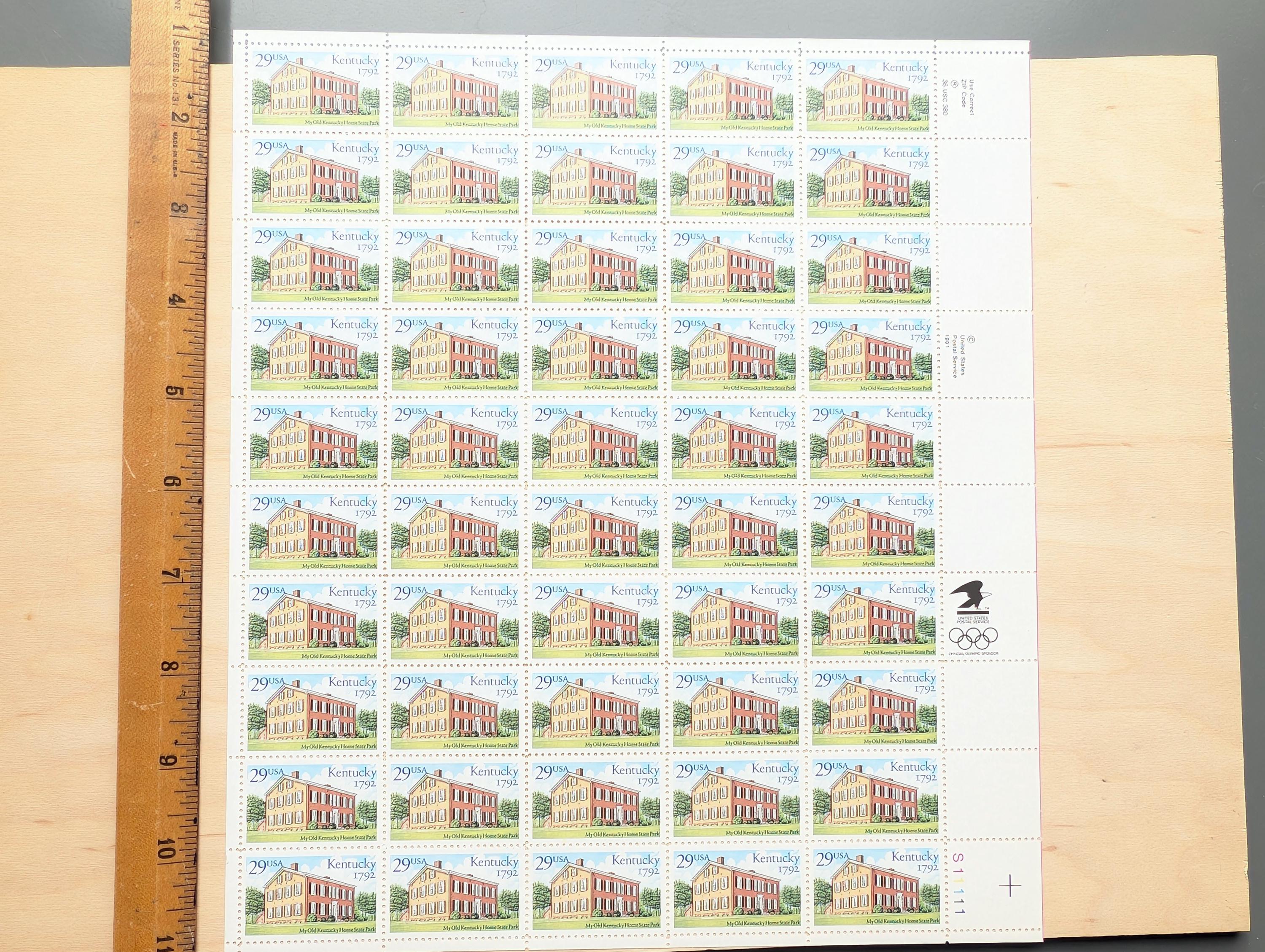 ケンタッキー州切手50枚、ヴィンテージ未使用USPS 29セント切手、1992