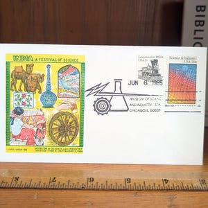Doris Gold Cachet, India Festival of Science, First Day of Issue 20 and 2 Cent Stamps, June 6th, 1985, Vintage Collectible Stamps