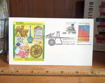 Doris Gold Cachet, India Festival of Science, First Day of Issue 20 and 2 Cent Stamps, June 6th, 1985, Vintage Collectible Stamps