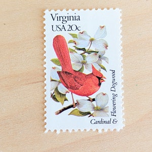 Conjunto de 5 sellos de aves y flores del estado de Virginia, sellos postales antiguos sin usar de USPS de 20 centavos, serie de aves y flores del estado, 1982, engomados.