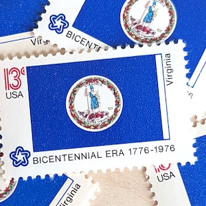 Conjunto de 10 selos da bandeira do estado da Virgínia, selos postais antigos, sem uso, USPS de 13 centavos, série de bandeiras estaduais, 1976, gomados