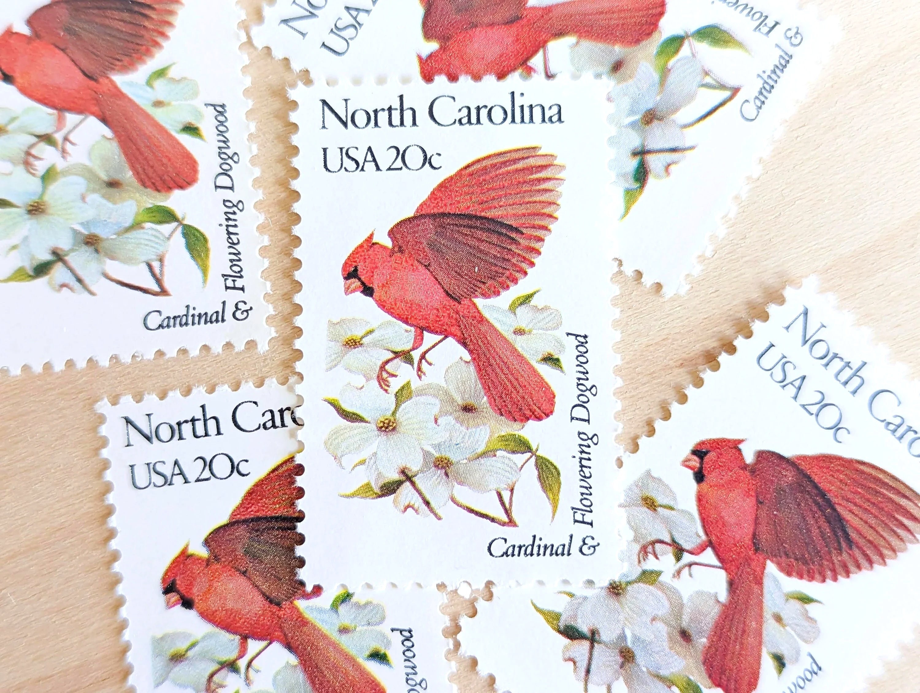 ノースカロライナ州切手5枚、ヴィンテージ未使用USPS 20セント切手、州