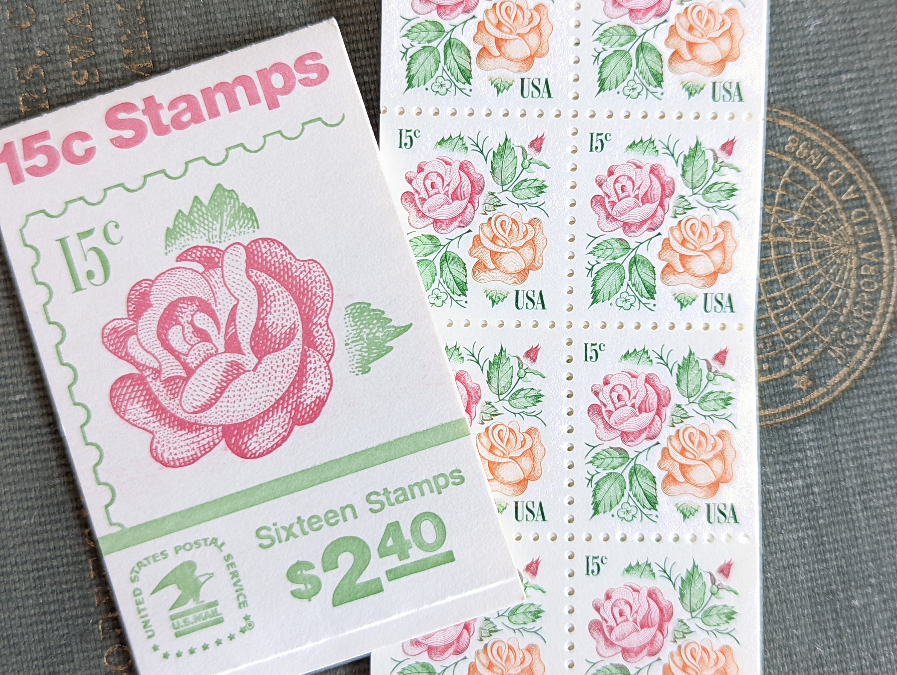 1978 Booklet of Sixteen 15 Cent Rose Stamps, Post Card Stamps, Vintage Collectible Stamps