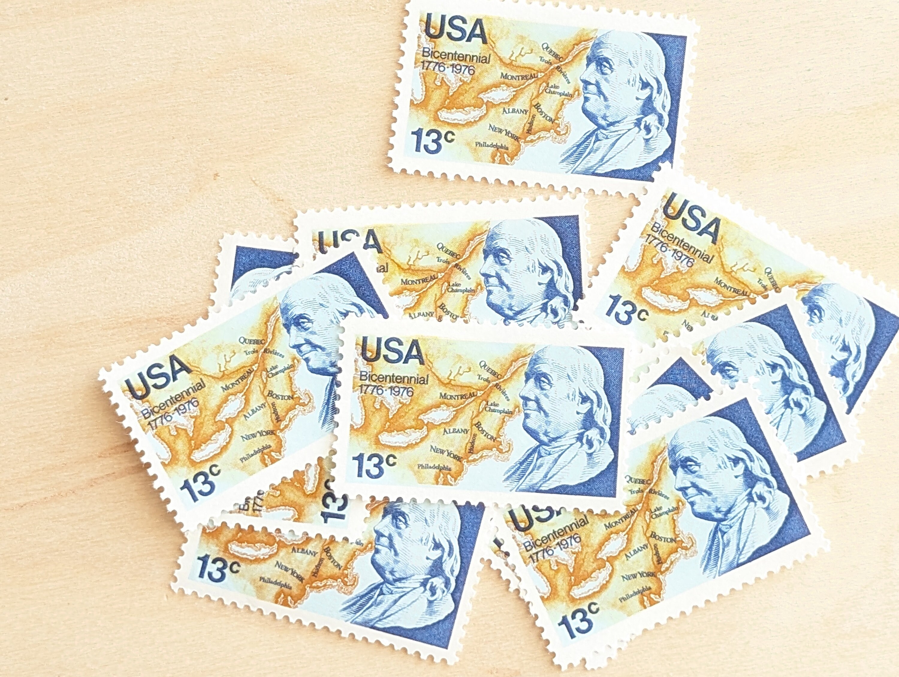10枚の200周年記念切手（1776-1976年）、ヴィンテージ未使用USPS 13