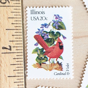 Conjunto de 5 sellos de aves y flores del estado de Illinois, antiguos, sin usar, de 20 centavos del Servicio Postal de los Estados Unidos (USPS), serie "Aves y flores del estado", 1982, engomados.