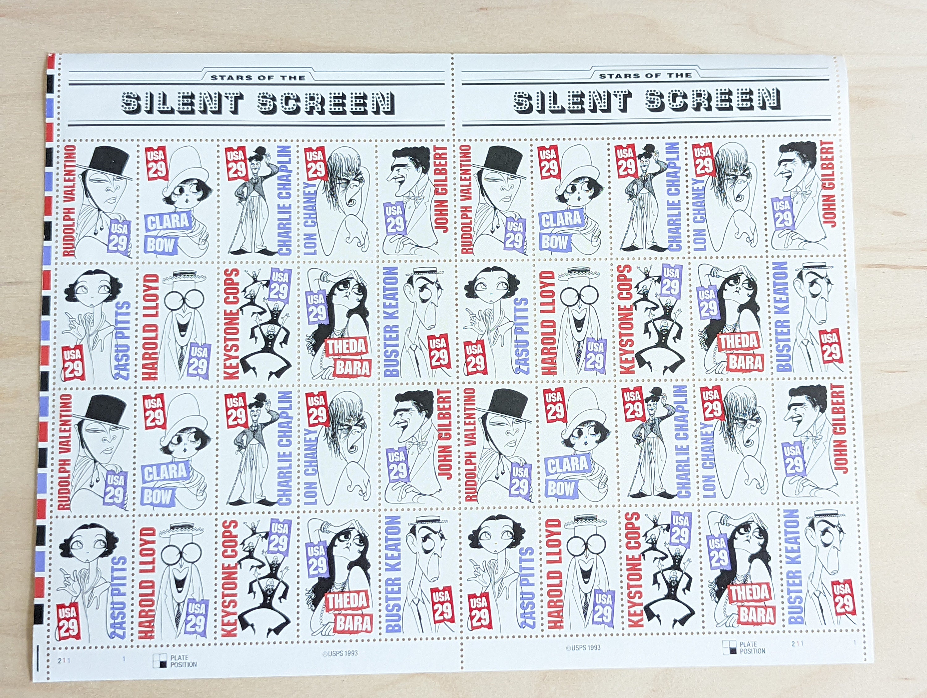 Stars of the Silent Screen Stamp Sheet, 1993 Unused 29 Cent