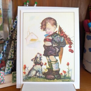 Envíe una tarjeta de felicitación vintage, tarjeta de M. J. Hummel "Niño y su perro", 4 opciones de envío, 5.5" x 4"