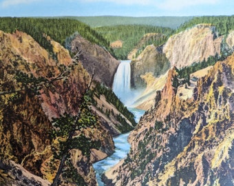 Unused Yellowstone National Park Giant Postcard, 1930 C. T. Colortone, 9x7 Inch, Lower Falls Postcard