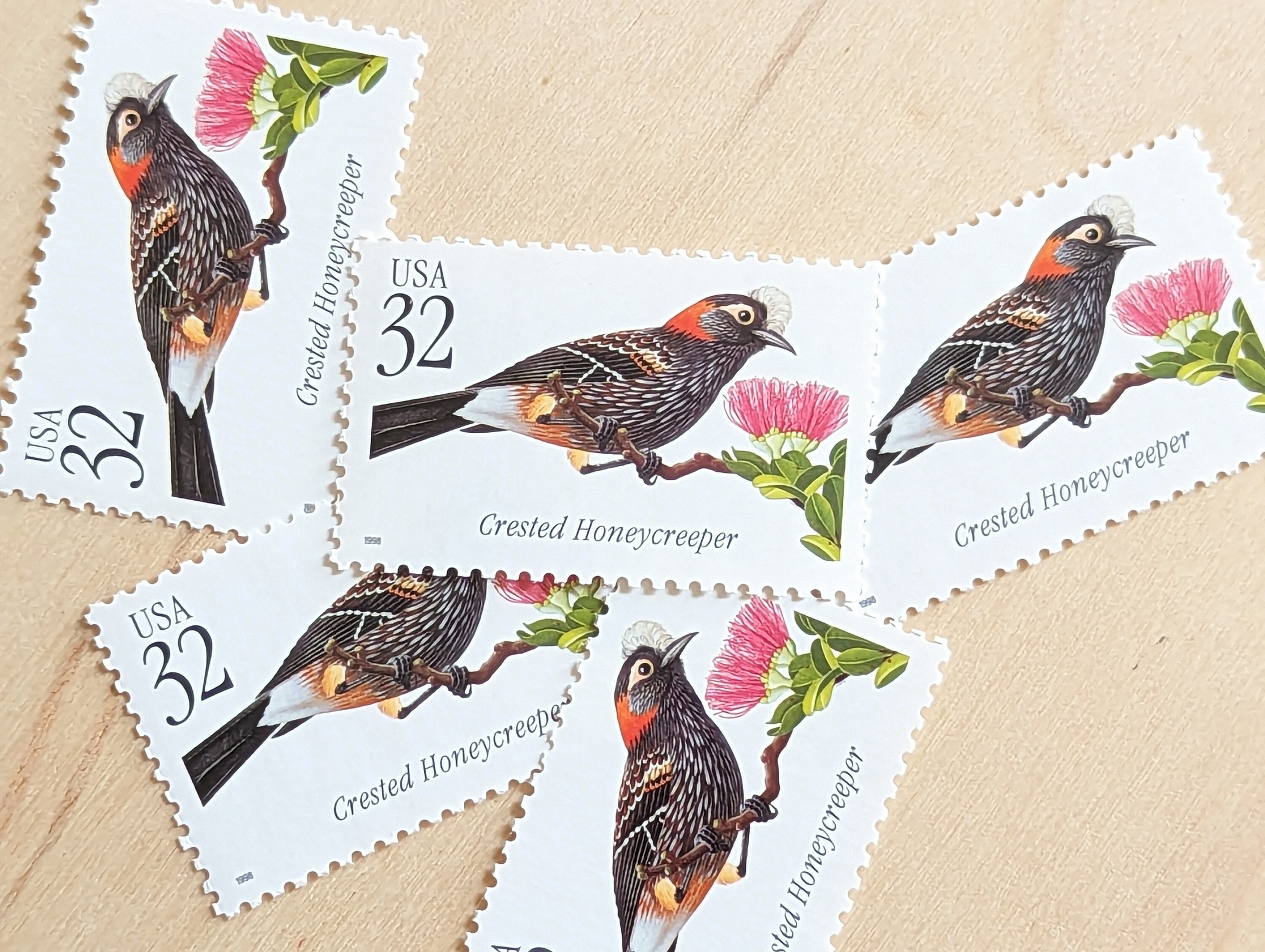 カンムリミツスイ切手5枚、ヴィンテージ未使用USPS 32セント切手、1998