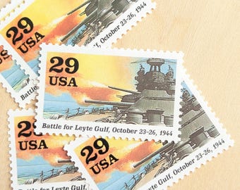 5 Battle for Leyte Gulf Stamps, Vintage Unused USPS 29 Cent Postage Stamps, 50th Anniversary of WWII, 1994 Gummed