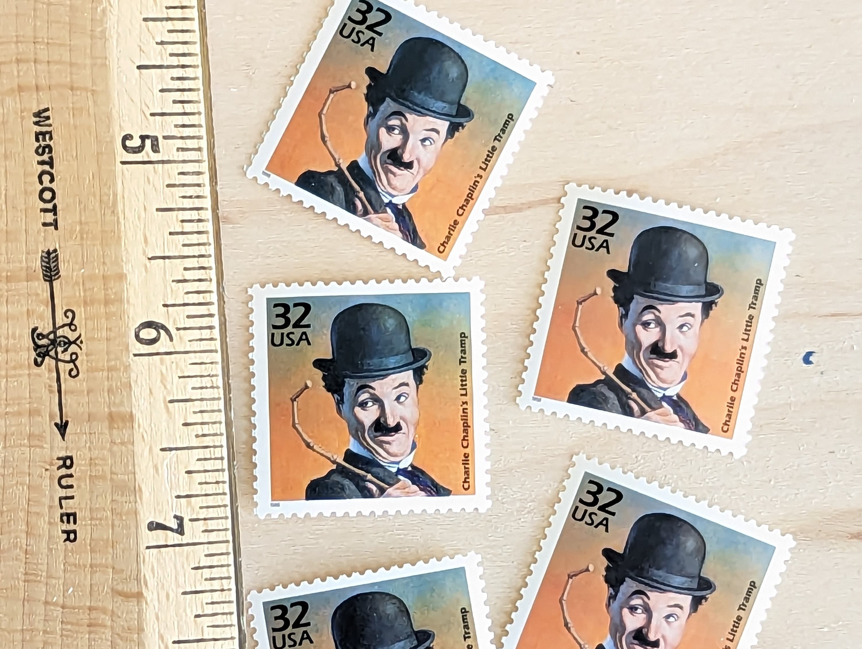 5 Charlie Chaplin Stamps, Vintage Unused USPS 32 Cent Stamps