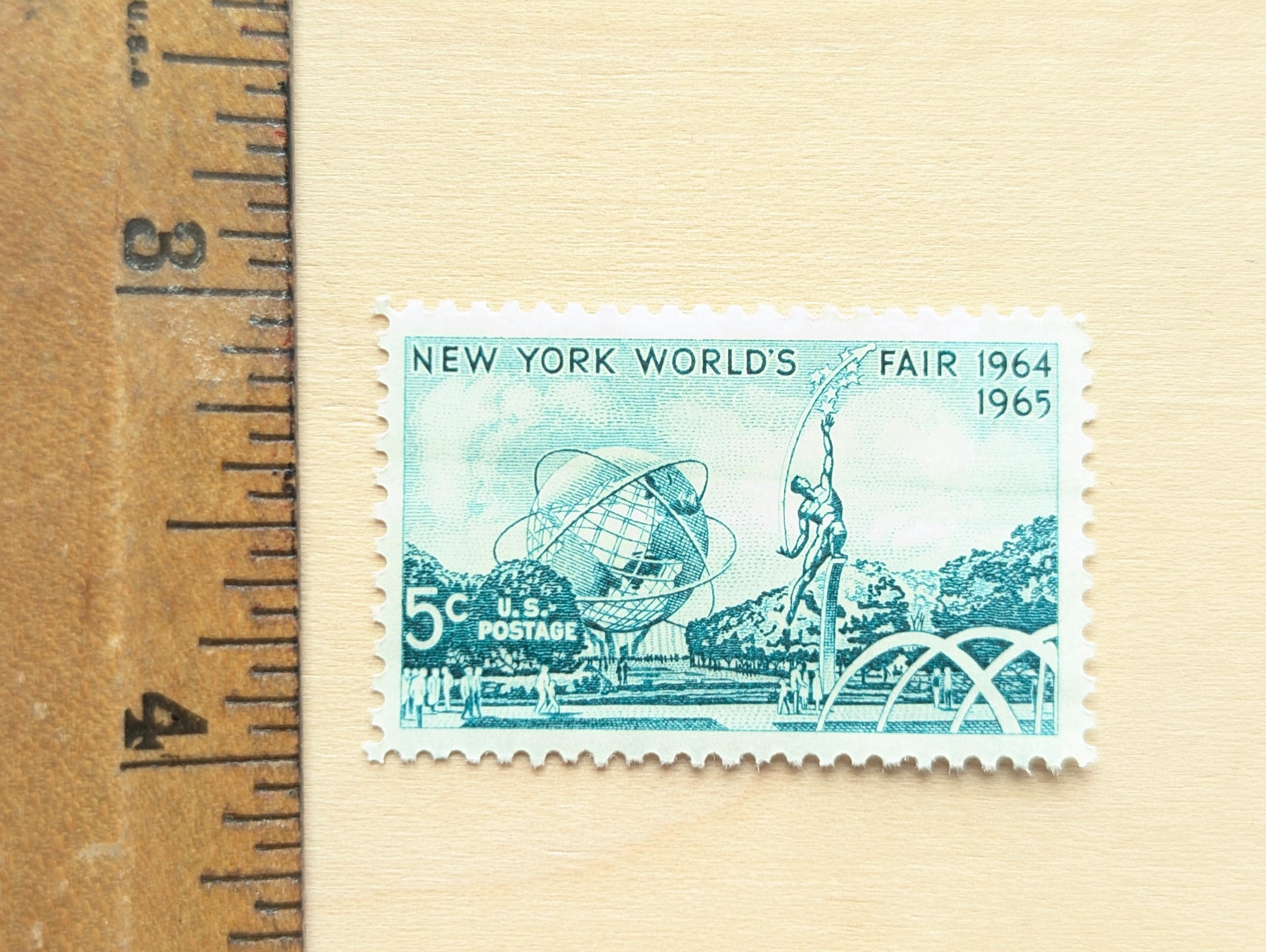 10 New York Worlds Fair Stamps, Vintage Unused USPS 5 Cent Postage