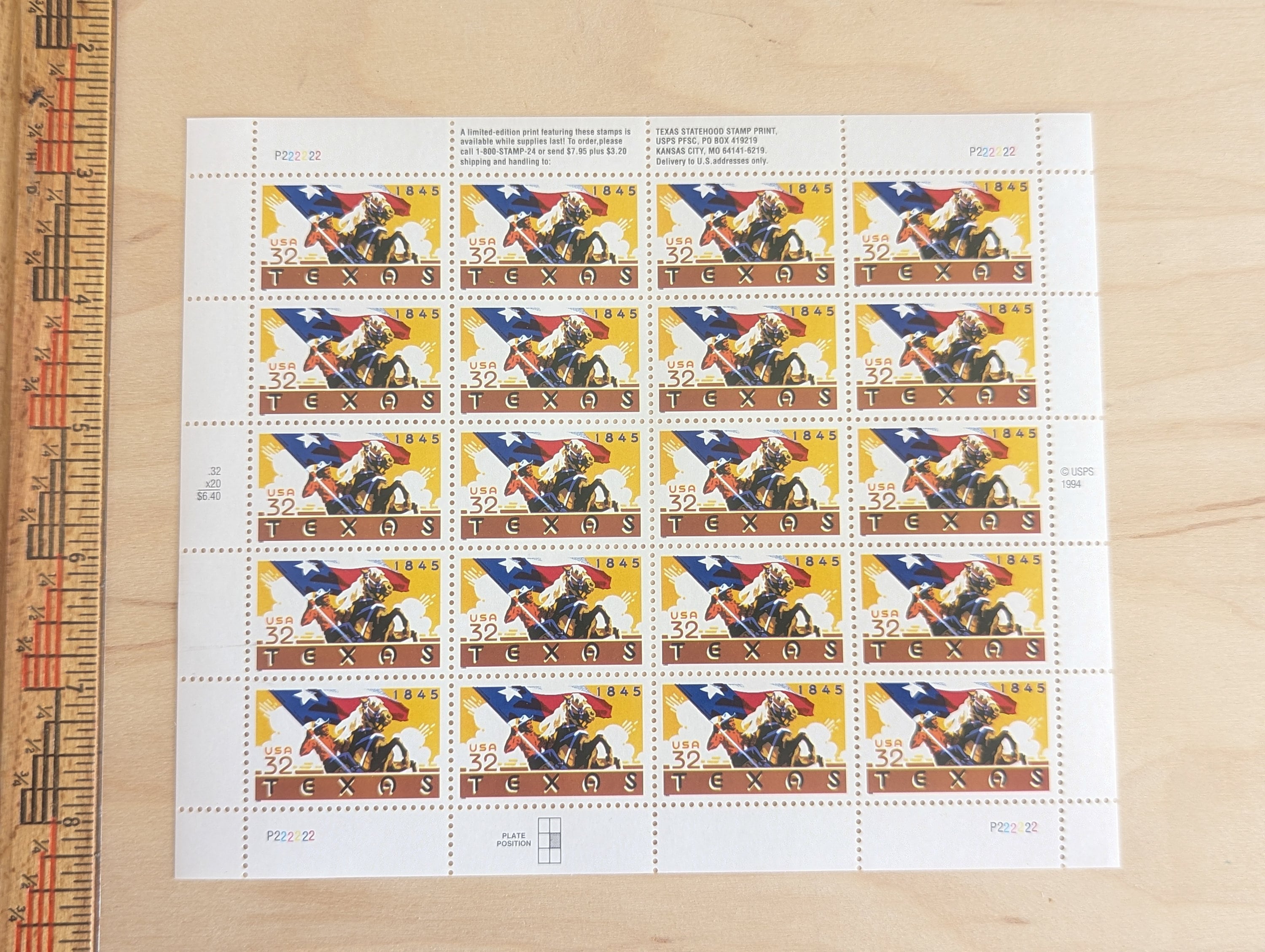 テキサス州切手20枚シート、未使用の米国郵政公社（USPS）32セント切手