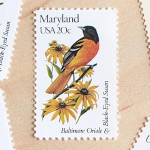 Conjunto de 5 sellos del estado de Maryland, antiguos, sin usar, de USPS, de 20 centavos, serie "Aves y flores del estado", 1982, engomados.