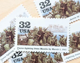 5 Fierce Fighting Frees Manila Stamps, Vintage Unused USPS 32 Cent Postage Stamps, 50th Anniversary of WWII, 1995 Gummed Stamps