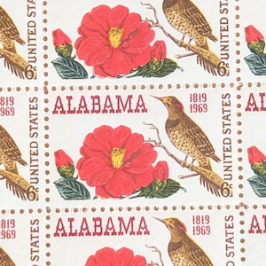 50 sellos de Alabama, sellos postales antiguos sin usar de USPS de 6 centavos, estado de 1969, engomados