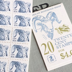 Booklet of American Bighorned Sheep Stamps, Unused Stamps, 20 Stamps, 20 Cent Stamp, 1981, Vintage Collectible Stamps