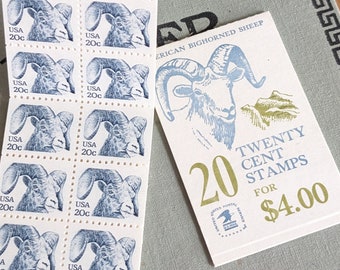 Booklet of American Bighorned Sheep Stamps, Unused Stamps, 20 Stamps, 20 Cent Stamp, 1981, Vintage Collectible Stamps