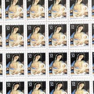 Folha com 50 selos de Paolo de Matteis "Madona e o Menino", 1995, selos postais de Natal não utilizados, selos de 32 centavos, selos autoadesivos