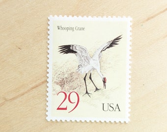 May include: A vintage US postage stamp featuring a white whooping crane with a red head and black legs. The stamp is cream colored with a red "29" and "USA" printed on it.