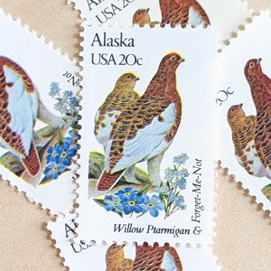 Conjunto de 5 sellos del estado de Alaska, antiguos, sin usar, de USPS, de 20 centavos, serie "Aves y flores del estado", 1982, engomados.