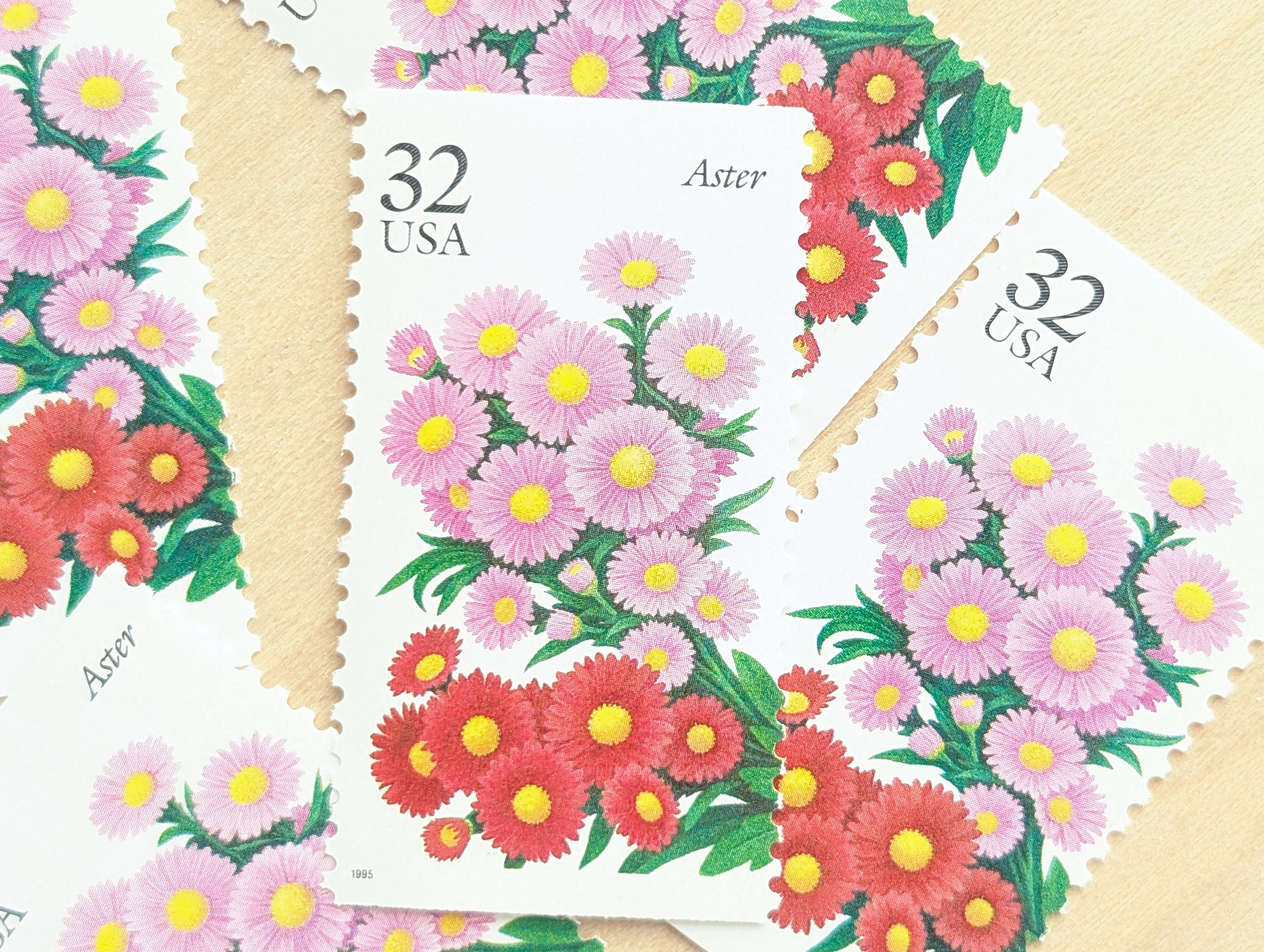 アスターフラワー切手5枚、ヴィンテージ未使用USPS 32セント切手、1998