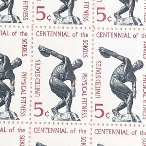 Sheet of 50 Centenial of The Sokols Stamps, 5 Cent Physical Fittness Stamps, 1965 Unused Stamps