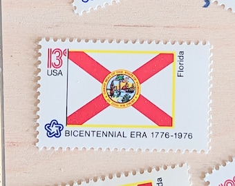 10 Florida State Flag Stamps, Vintage Unused USPS 13 Cent Stamps, 1976 Gummed Stamps
