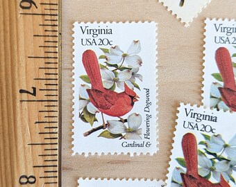 バージニア州の鳥と花の切手5枚、ヴィンテージ未使用USPS 20セント切手
