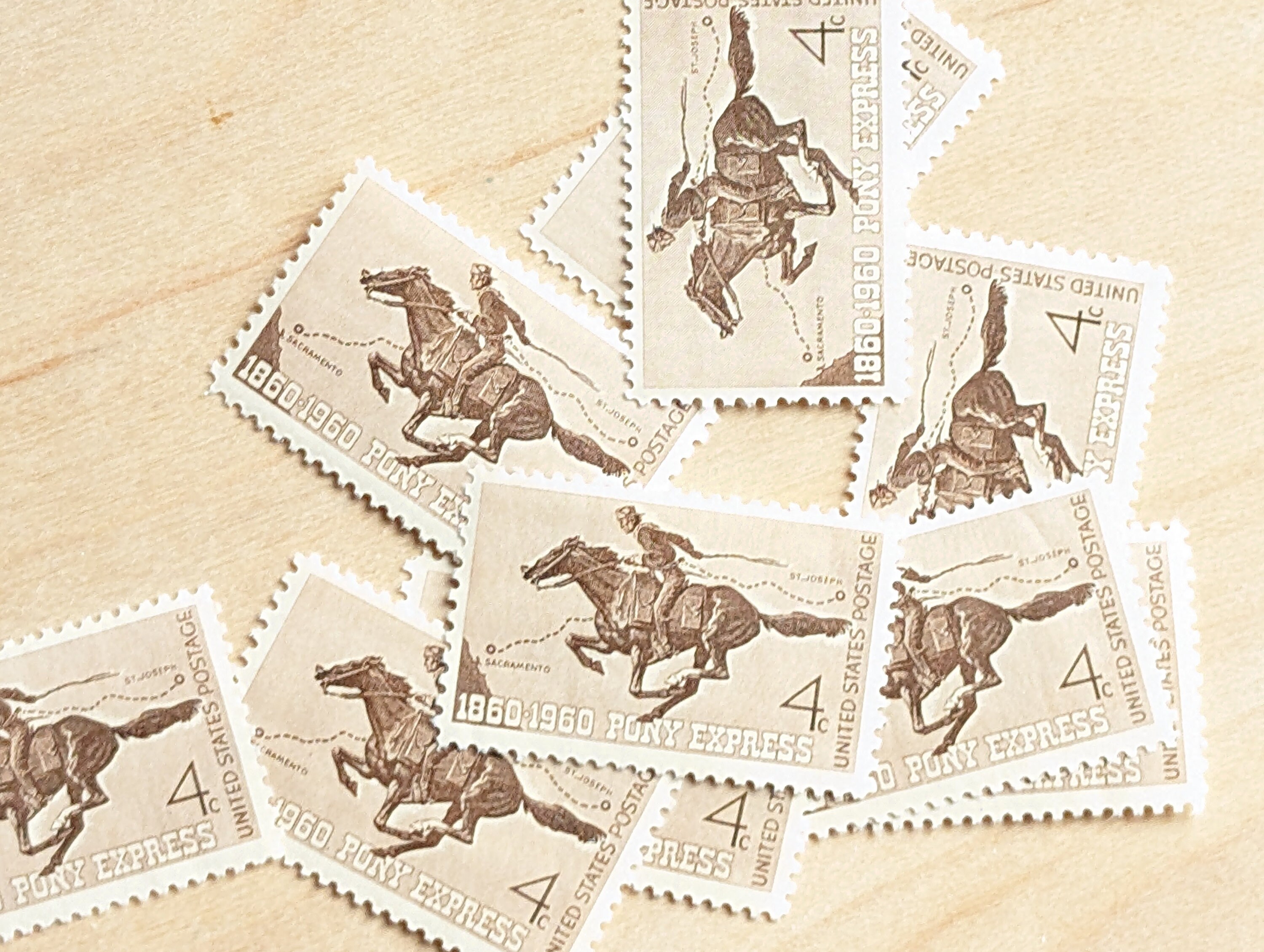 10 Pony Express Stamps, 1860-1960 4 Cent, Unused Stamps